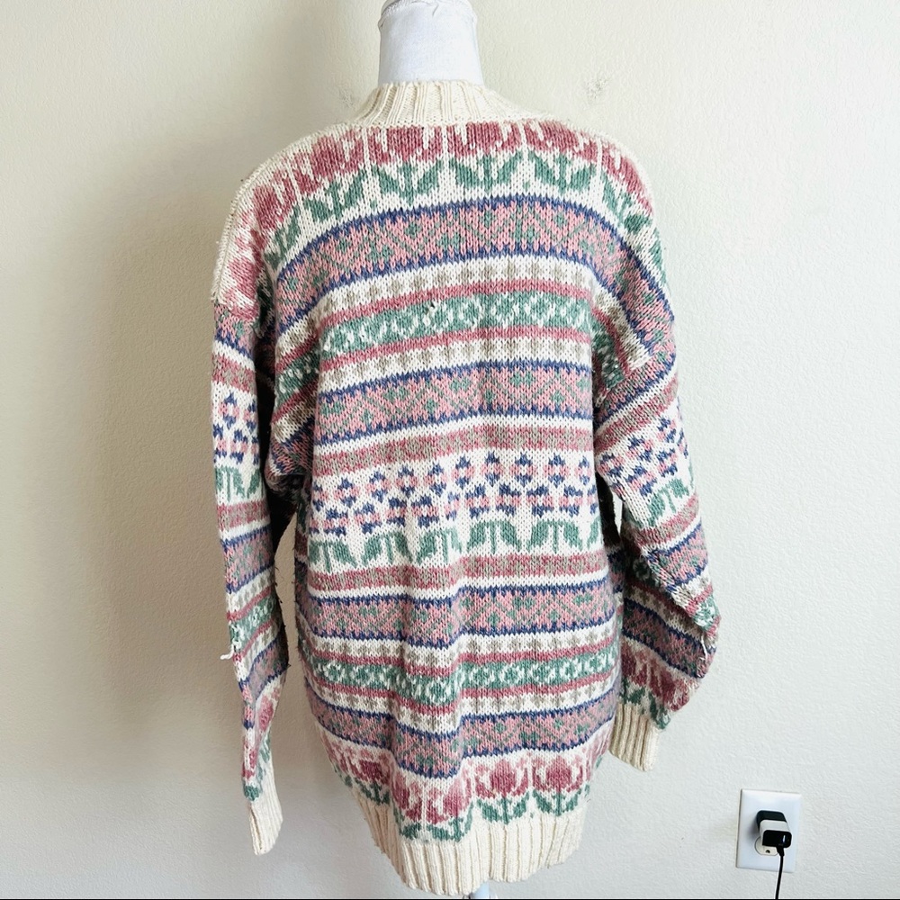 VTG Liz Sport Cream Pink & Light Green Chunky Button Up Cardigan Sweater - Picture 2 of 15